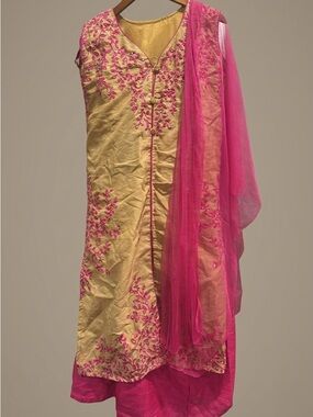 Yellow & Hot Pink Embroidered lengha  Set